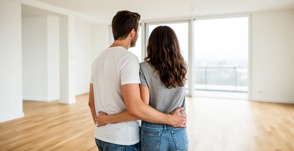 Jeune couple observant la vue depuis les fenêtres d'un appartement vide