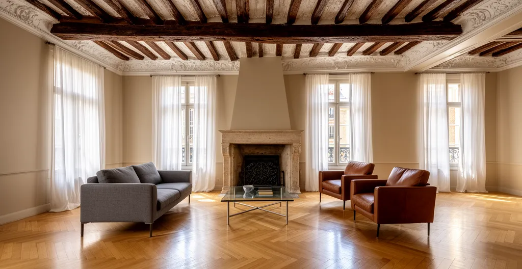 Salon d'un appartement ancien rénové avec poutres apparentes et parquet