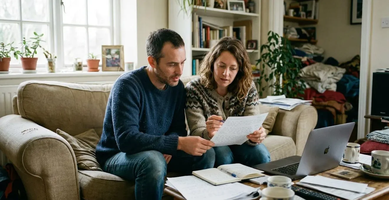 Un couple assis sur un canapé consulte des documents papier avec un ordinateur portable ouvert à côté, dans une lumière naturelle de fenêtre