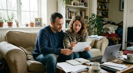 Un couple assis sur un canapé consulte des documents papier avec un ordinateur portable ouvert à côté, dans une lumière naturelle de fenêtre