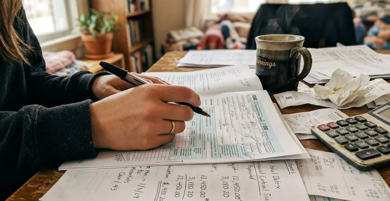 Des mains tenant un stylo au-dessus de documents financiers posés sur un bureau légèrement encombré avec une tasse de café à côté