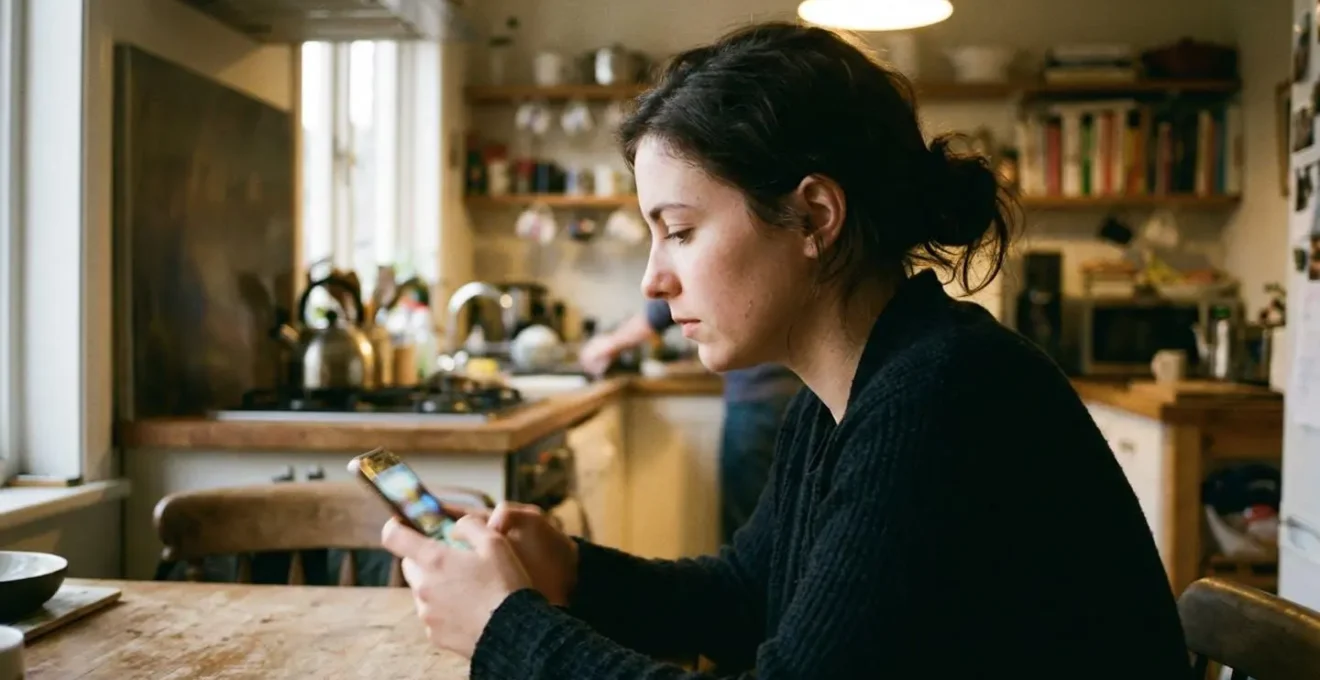 Une personne vue de profil consulte son téléphone mobile dans une cuisine lumineuse au quotidien
