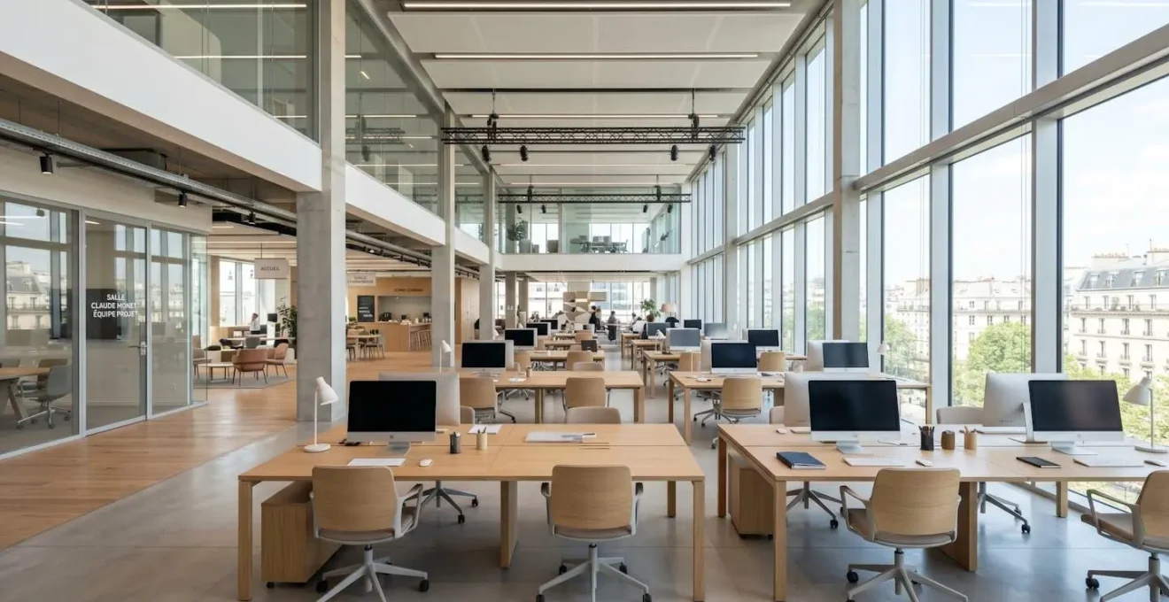 Bureau moderne en open-space avec larges fenêtres, lumière naturelle abondante, espace professionnel contemporain sans personne au premier plan