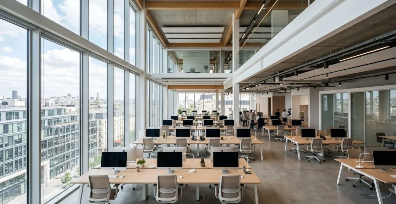 Bureau moderne en open-space avec larges fenêtres, lumière naturelle abondante, espace professionnel contemporain sans personne au premier plan