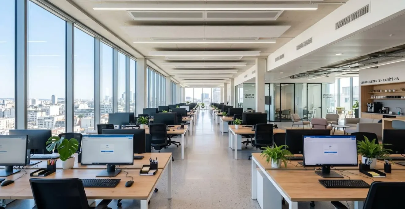 Bureau moderne en open-space avec larges fenêtres, lumière naturelle abondante, espace professionnel contemporain sans personne au premier plan