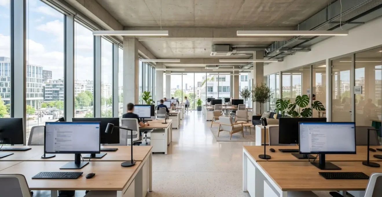 Bureau moderne en open-space avec larges fenêtres, lumière naturelle abondante, espace professionnel contemporain sans personne au premier plan