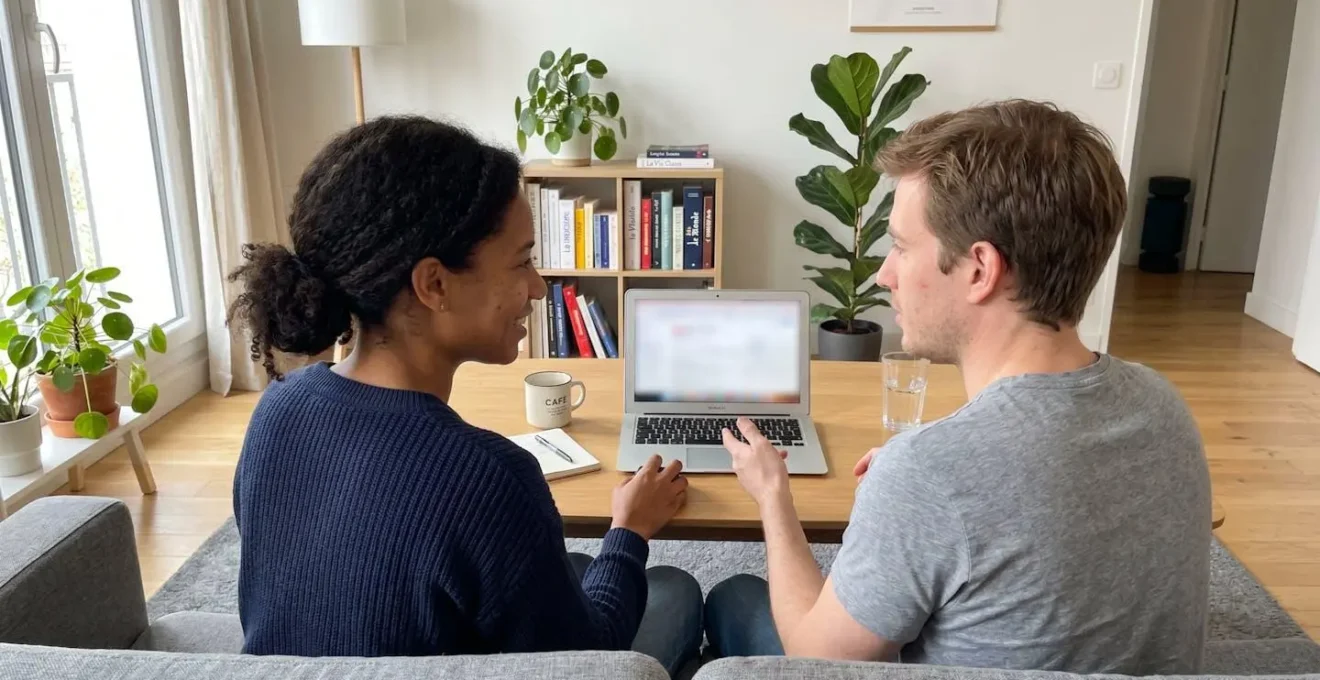 Un couple vu de dos travaille sur un ordinateur portable dans un salon lumineux, écran complètement flouté, ambiance réflexion projet immobilier
