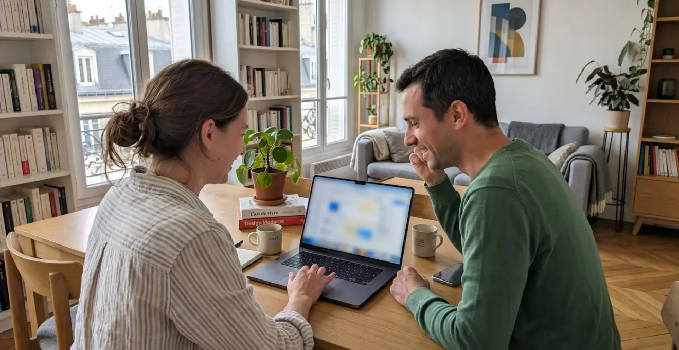 Un couple vu de dos travaille sur un ordinateur portable dans un salon lumineux, écran complètement flouté, ambiance réflexion projet immobilier