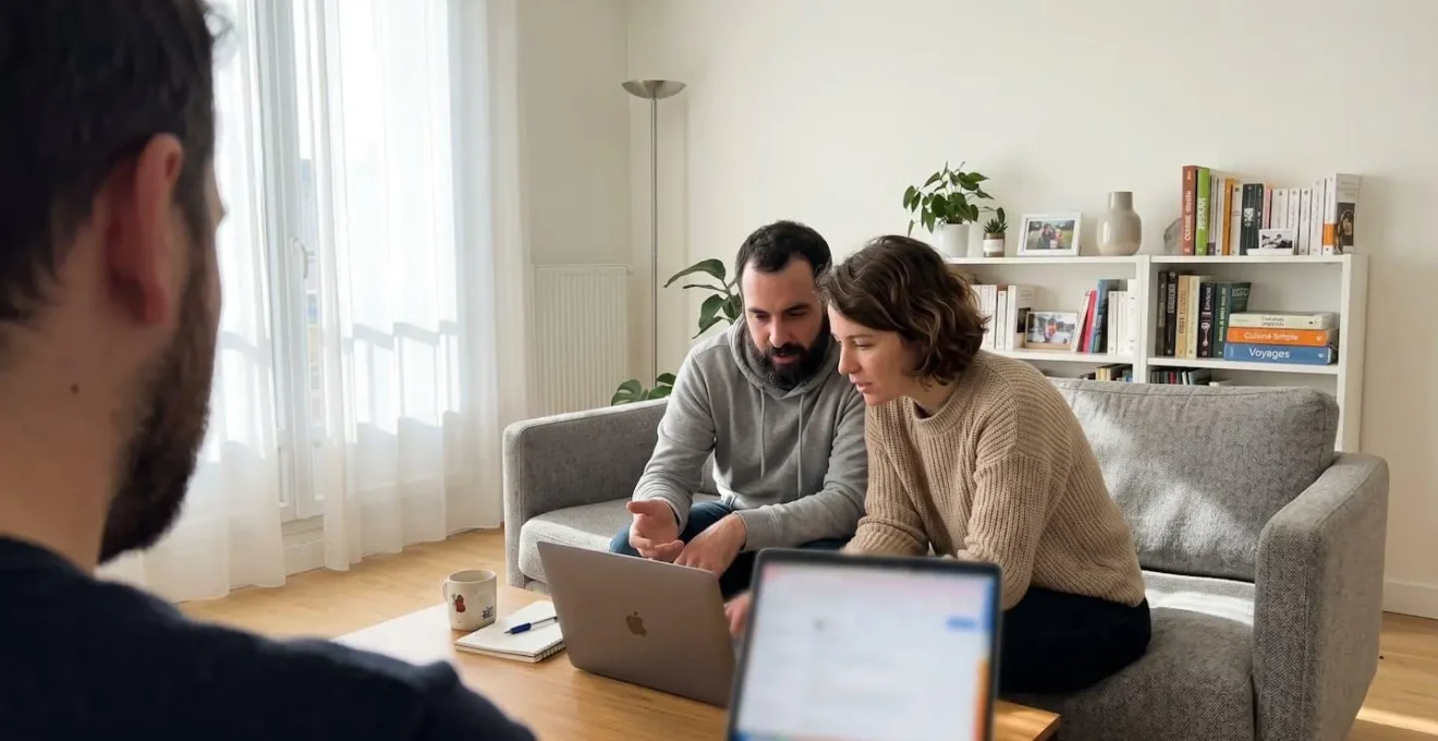 Un couple vu de dos travaille sur un ordinateur portable dans un salon lumineux, écran complètement flouté, ambiance réflexion projet immobilier
