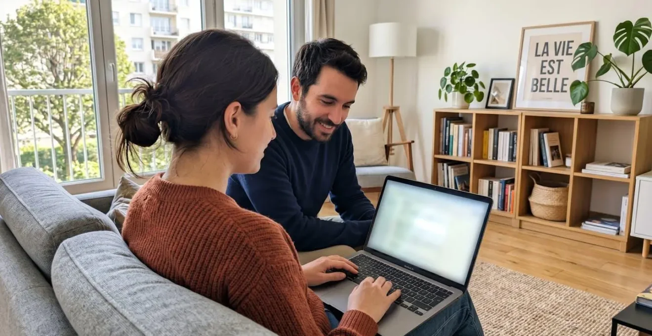 Un couple vu de dos travaille sur un ordinateur portable dans un salon lumineux, écran complètement flouté, ambiance réflexion projet immobilier