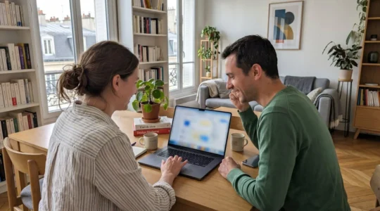 Un couple vu de dos travaille sur un ordinateur portable dans un salon lumineux, écran complètement flouté, ambiance réflexion projet immobilier