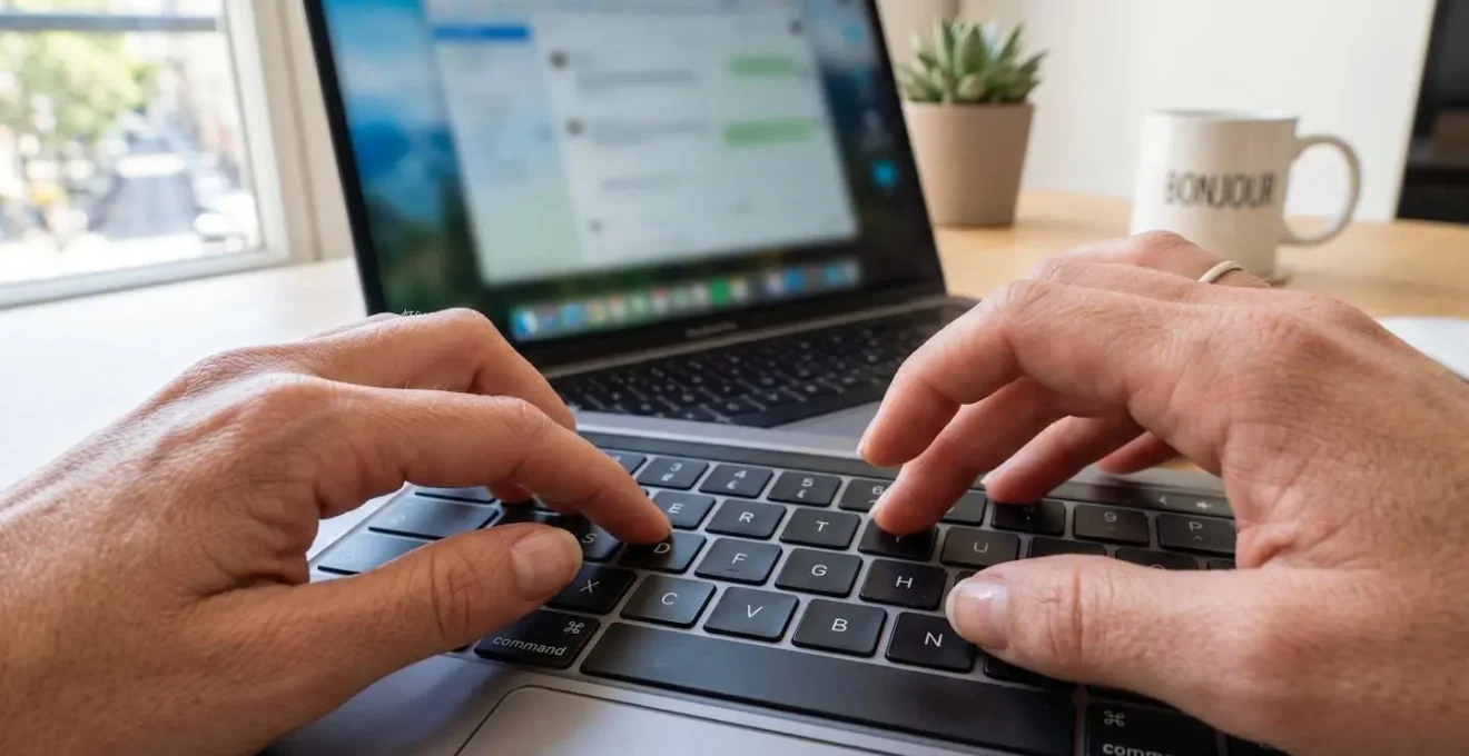 Gros plan sur des mains tapant sur un clavier d'ordinateur portable moderne, écran partiellement visible mais totalement flouté
