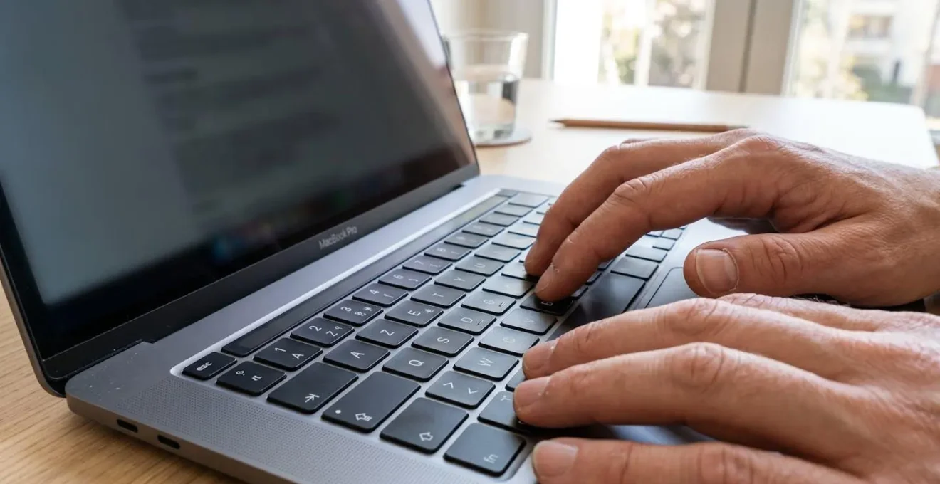Gros plan sur des mains tapant sur un clavier d'ordinateur portable moderne, écran partiellement visible mais totalement flouté