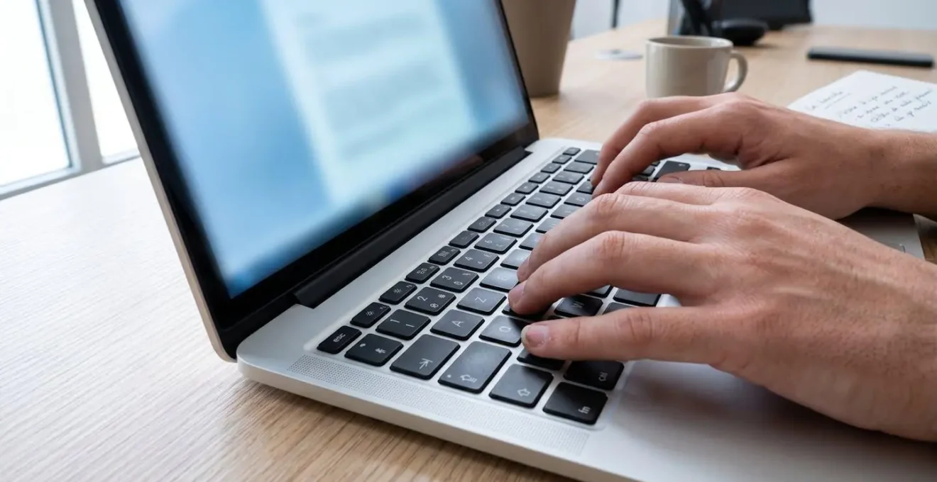 Gros plan sur des mains tapant sur un clavier d'ordinateur portable moderne, écran partiellement visible mais totalement flouté