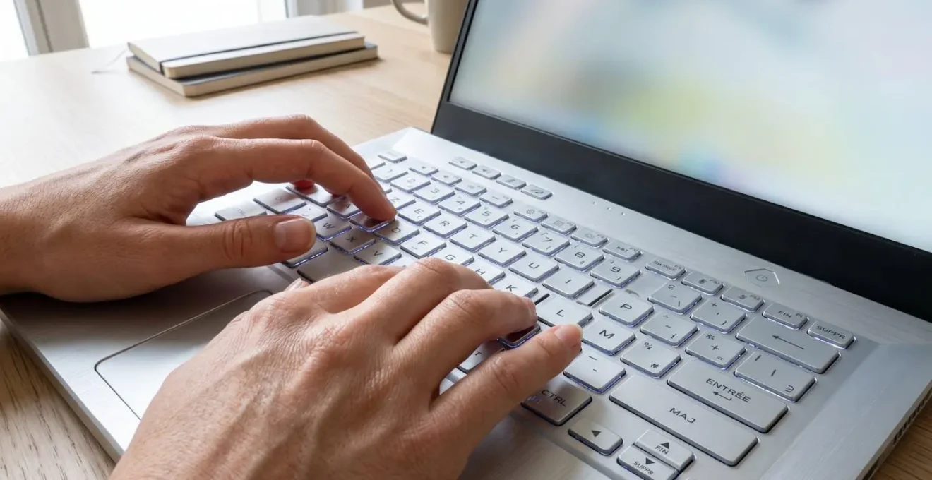 Gros plan sur des mains tapant sur un clavier d'ordinateur portable moderne, écran partiellement visible mais totalement flouté