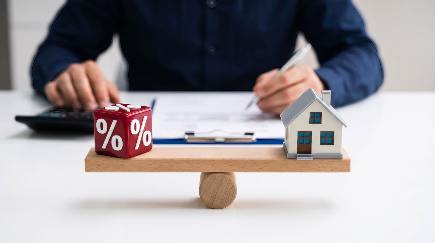 Vue de dessus d'une table de travail avec trois offres de prêt immobilier côte à côte, calculatrice financière, ordinateur portable et carnet de notes pour comparaison de TAEG