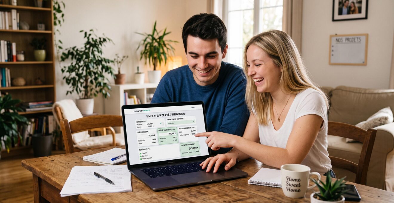 Couple trentenaire consultant un dossier de prêt immobilier avec documents administratifs sur une table de réunion dans une agence bancaire française moderne aux tons neutres