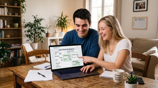 Couple trentenaire consultant un dossier de prêt immobilier avec documents administratifs sur une table de réunion dans une agence bancaire française moderne aux tons neutres